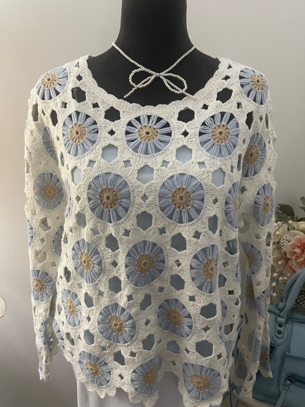Orly Light Blue and Cream Crochet Floral Openwork Long-Sleeve Top -
